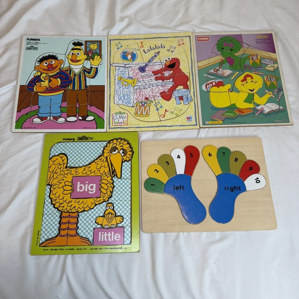 Vintage Wooden‎ Playskool Puzzles - Lot of 5 Barney Sesame Street Made In USA